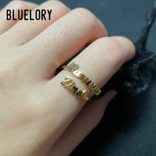 Bluelory Custom Double Nameplate Rings For Women Personalized Stainless Steel DIY Names For Lovers Family Anniversary Gift