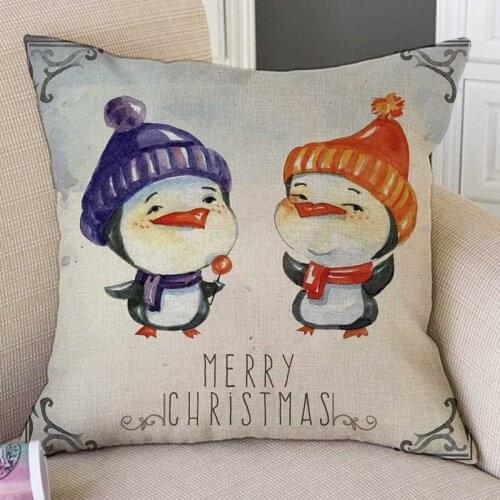 2018 Christmas Decorative Cute Pillow Case Watercolor Lovely Penguin Snowman Santa Claus Cotton Linen Sofa Cushion Cover For Kid