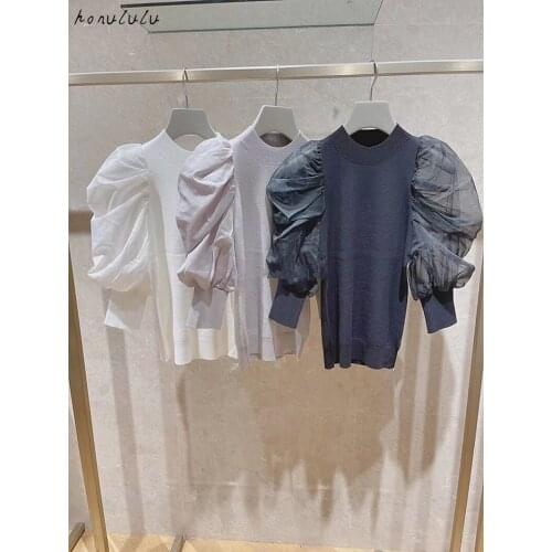 2021 spring and summer new half high neck chiffon puff sleeve stitching base knitted sweater women