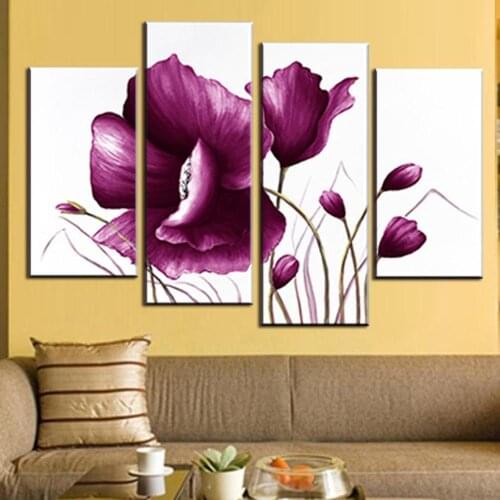 4 Pcs/Set Canvas Wall Art Picture Combined Flower Paintings Plum Purple Modern Abstract Wall Painted On Canvas No Framed