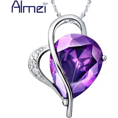 Almei 5%Off Necklace Fashion Love Design Crystal Pendants Necklaces With Red Purple Stone Jewelry For Women Chain Gifts N447