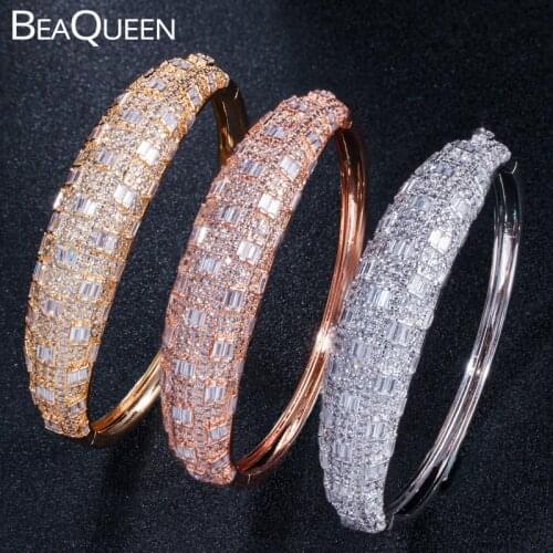 BeaQueen Luxury Indian Dubai Big Full Cubic Zirconia Bridal Wedding Cuff Bracelets Bangles Gold Color Jewelry for Women B170
