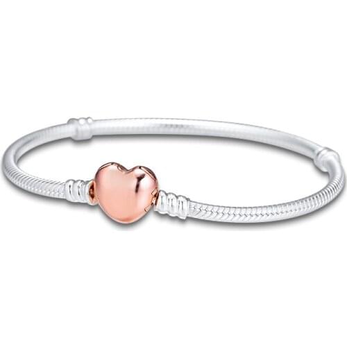 Moments Bracelets Genuine 925 Sterling Silver Rose Heart Clasp Bracelet for Women DIY Charms Beads Jewelry Making Pulseras