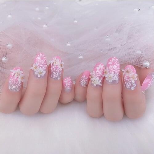 DIY Pink Color Artificial Nails Bride Wedding Shining Rhinestone Fake Nail 3D Flowers Full Cover Nails Tips with Glue 24pcs/set