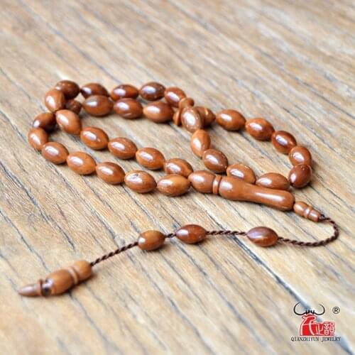 Islam High Quality Muslim Rosary Beads 33 Allah Prayer Beads Natural Palm Fruit Kuka Tasbih Charm Bracelet 6x9 7x11mm Olive Bead