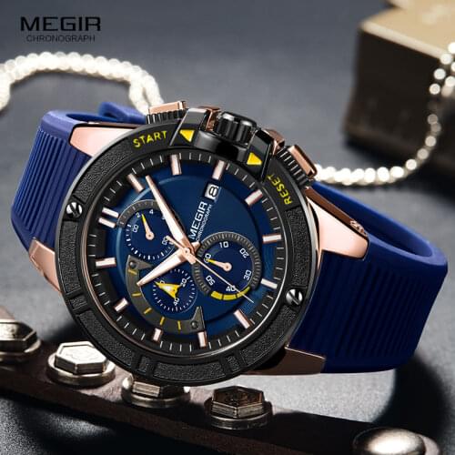 MEGIR Mens Chronograph Quartz Watches 2019 New Military Sport Wristwatch Top Brand Luminous Relogios Masculino Clock 2095 Blue