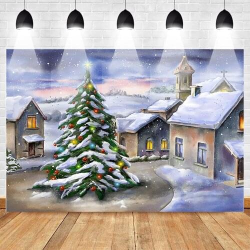 MOCSICKA Christmas Party Banner Decor Backdrop Winter Christmas Trees Snow House Background Oil Painting Family Party Backdrops