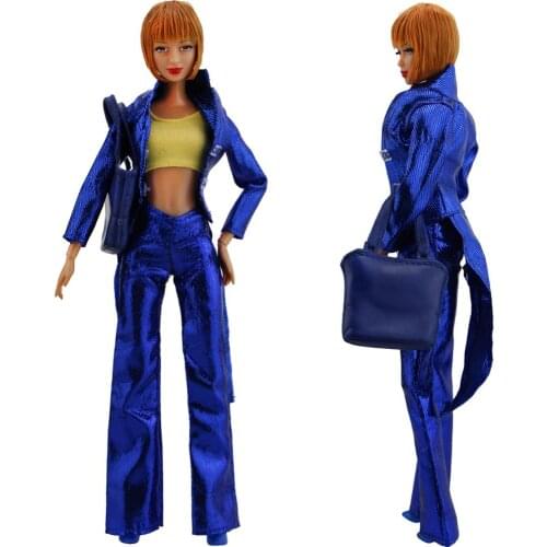Fashion Blue Shining Cool Tuxedo Coat Vest Trousers Suit Outfits Handbag Shoes Accessories Clothes for Barbie Doll Kids Toy
