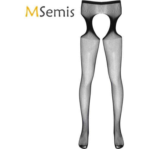 Men Lingerie Crotchless Pantyhose Stretchy Hollow Out Fishnet See-through Stockings Tights Open Crotch Erotic Sexy Costume
