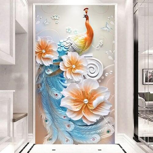 Custom Mural Wallpaper 3D Embossed Modern Minimalist Peacock Entrance Decoration Corridor Flash Wallpaper Living Room Sofa Mural