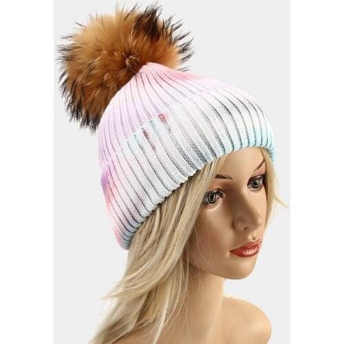 NEW Autumn Winter Hat Women Knitted Brimless Hat Ladies Raccoon Ball Beanie Soft Pompom Beanies Skullies Tie Dye Trendy Hats