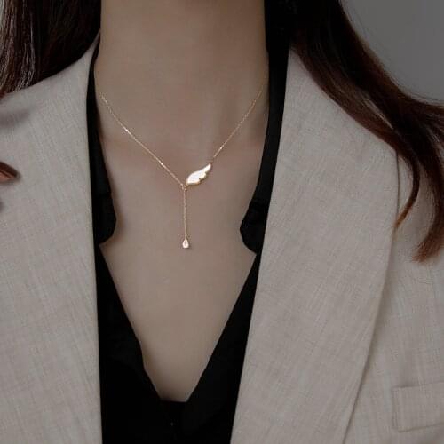 Luxury Natural Shell Angel Wing Necklace For Women 14K Copper Plated Real Gold Noble Dazzling Zircon Clavicle Kolye Bijoux Gift