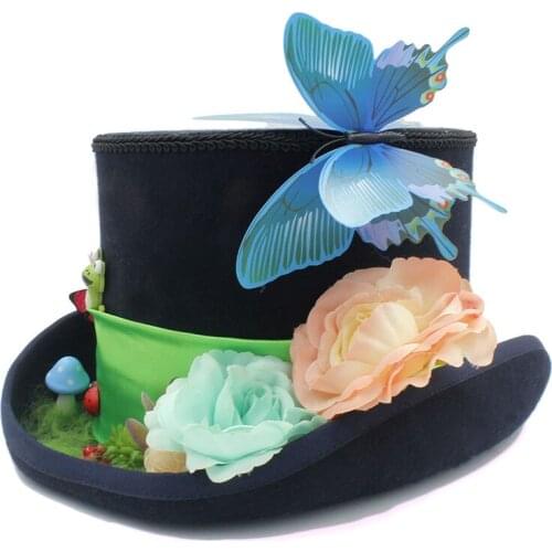 100% Wool Steampunk Fedora Top Hat with flower Mushroom Hat Caterpillar Top Hat Tea Party Kentuc