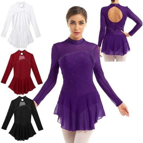 Women Adults Shiny Rhinestones Mesh Keyhole Back Opening Figure Ice Skating Roller Skating Ballet Dance Leotard Performing Dress