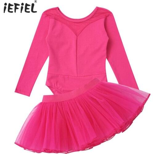 New Ballerina Dance Dress Set Kids Girls Gymnastics Clothing Long Sleeve Leotard Bodysuit with Mesh Young Ballet Skirt for Girl