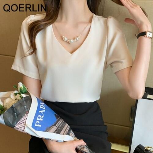 QOERLIN White Chiffon Blouse Women Short Sleeve Pearl Deco Blouse Tops Lady Blusa Mujer De Moda 2021 Elegant V-Neck Blouse Shirt