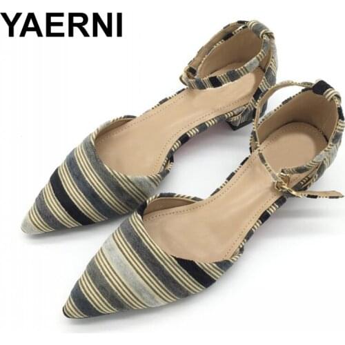YAERNI Newest Shoes Women Fashion Female Pumps Stripe Shallow Square Heel BuckleStrap Summer LadiesWork Shoes Footwear Plus Size