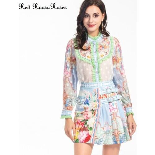 Red RoosaRosee Fashion Summer Women Stand Collar Print Long Sleeve Ruffles Lace Blouse + Pleated Mini Skirt Twinset Suit Female