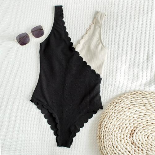 2020 Scalloped Black Beige Splicing One Piece Swimsuit Women Swimwear Female Ribbed Bather Bathing Suit Swim Lady K2425