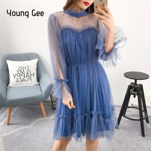 Young Gee Dress Fashion Women Elegant Sweet Mesh Trimmed with Agaric Lace Dresses Sheer Sexy Party Princess Slim Spring Vestidos