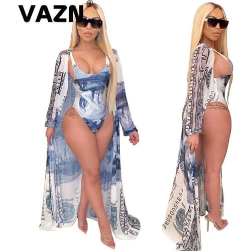 VAZN 2020 Top Quality Chiffon Sexy beach Open Hollow Out Full Sleeve X-Long Cloth Top1 Piece Bodysuits Slim Women 2 Piece Set