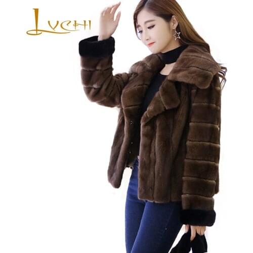 LVCHI Winter 2019 Import Mink Fur Coats Womens Long Sleeve Brown Coat Full Pelt Causal Turn-Down Collar Wave Cut Mink Coats