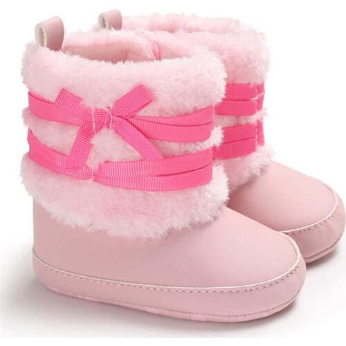 2019 Winter Snow pink Cute Bowknot Warm Plush 0-2 Years Boy Girl Indoor Baby Boots Booties cotton Sole Non-slip Crib Shoes