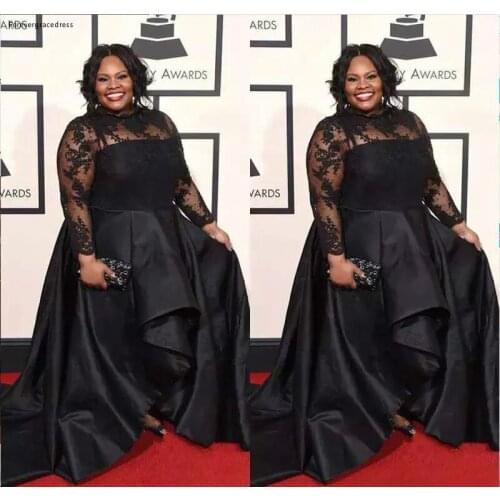 2019 Black Celebrity Dresses Long Sleeves Lace Formal Godmother Evening Party Guests Gown Plus Size