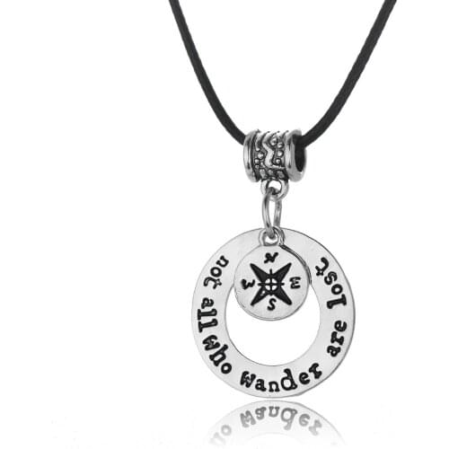 24PC Wholesale Inspirational Message "Not All Who Wander Are Lost" Travelers Pendant Compass Leather Necklace Chain Wanderlust