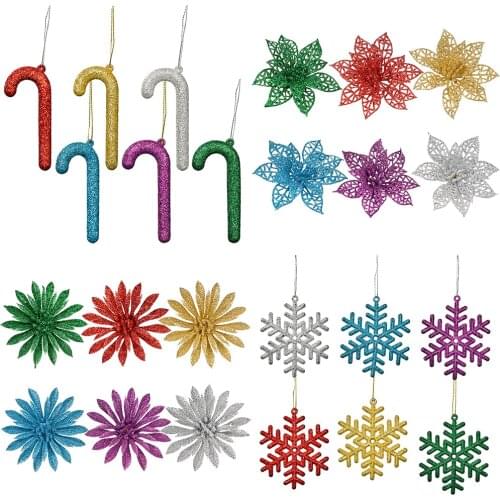 6Pcs/lot Glitter Artificial Flowers Crutch Snowflake for Christmas Tree Decoration Poinsettia Ornaments Home Xmas Party Decor
