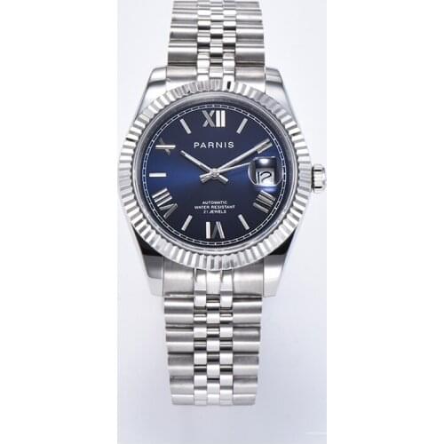 Parnis Blue Dial Mens Watches Calendar Miyota 8215 Movement 21 Jewels Automatic Mechanical Mens Wristwatch