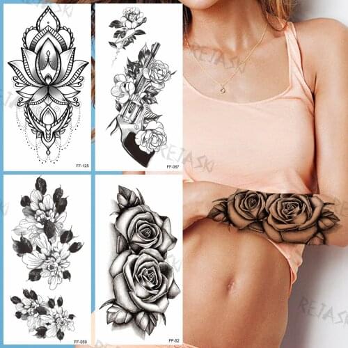 Black Rose Flower Temporary Tattoos For Women Girls Realistic Gun Sweet Pea Printed Holiday Tattoo Sticker Arm Tatoos Waterproof