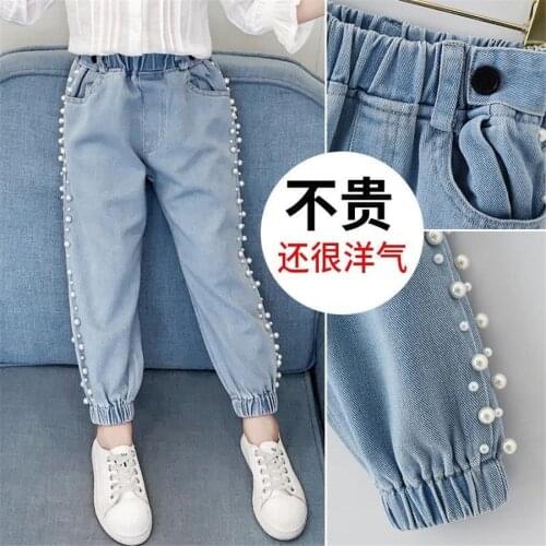 Jeans Girls Autumn Wear Pearl Blue Denim Trousers Beaded Jeans For Baby Girls Children Pants 3 5 6 7 8 9 10 Years Infant Clothes
