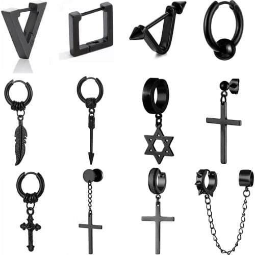 2021Titanium Steel Men Stud Earrings Geometric Black Punk Goth Ear Cuffs Clip-on Earrings for Women Jewelry Gifts Charm