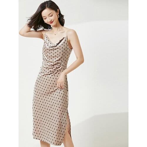 Summer Polka Dot Womans Spaghetti Strap Dresses Sleeveless Side Split Ladies Dresses Velvet Ankle Length Cami Dress for Female
