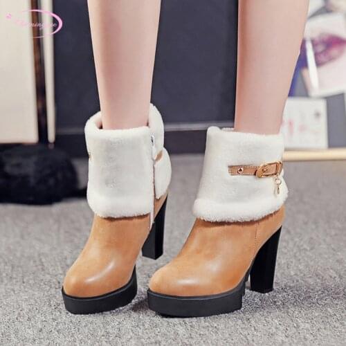 South Korean sweet style round toe winter warm snow boots fashion belt buckle platform high heel thick ankle boots womens shoes