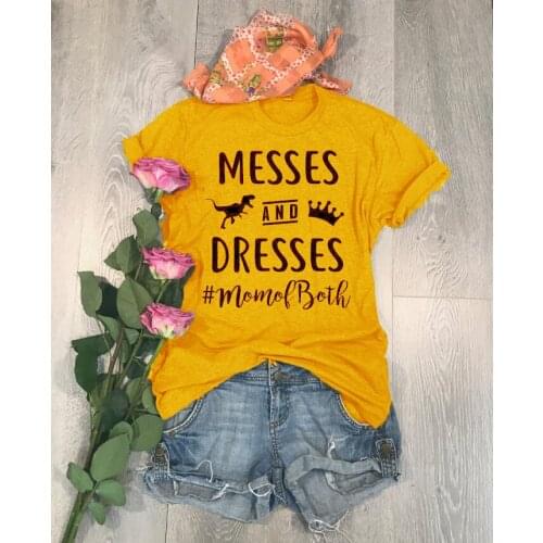Messes and Dresses Mom of Both T-Shirt Grunge Casual Mothers Day Graphic Tee Dinosaur Tumblr Cotton Aesthetic quote art Tops