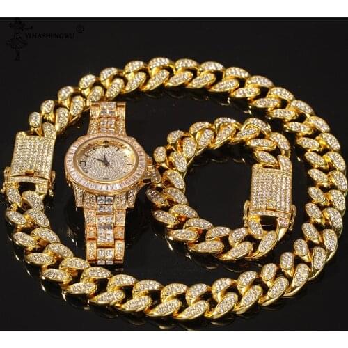 Hip Hop Necklace 2cm Crystal Miami Cuban Chain Neckalce Bracelet Watch Set Rhinestones Zinc Alloy Jewelry Necklaces For Men
