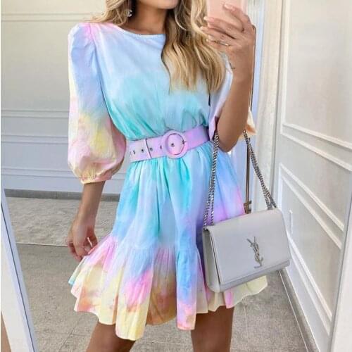 Gradient Rainbow Dress Ladies Fashion Tie Dye Dresses Half Sleeve Round Neck Pleated Hem Girl Mini Dress Clubwear Vestidos