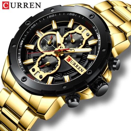 Luxury Brand CURREN Big Dial Classic Gold Business Multi-function Chronograph Stainless Steel Wristwatch Waterproof Date Clock