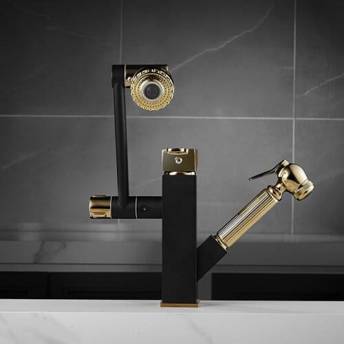 Kitchen Faucets Basin Sink Faucet Solid Brass Bathroom Deck Mounted Mixer Tap 360 Degree Rotation Pull Out Black/Gold Water Taps