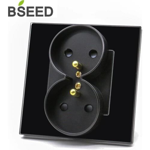 BSEED FR Standard Double French Socket Single Crystal Glass Panel Wall Socket White Black 86mm Home Improvement