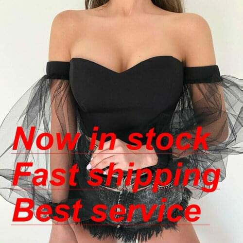 Women See-through Sheer Mesh Off Shoulder Blouse Puff Long Sleeve T-shirt Top