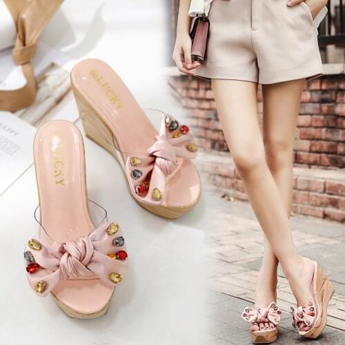 Colorful crystal transparent platform sandals women silk bow knot wood grain wedges sandals square toe open toe beach sandalias