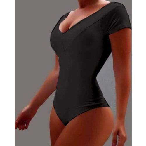 Plus Size 2021 Summer Casual Short Sleeve V-neck Jumpsuit Womens Solid Color Sexy Lingerie Bodysuits Simple Ladies Rompers