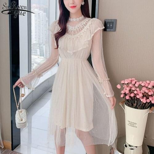 Autumn Mesh A-line Naturl Waist Dresses Korean White Long Sleeve Women Lace Dress Ruffled Stand Collar Sweet Women Dresses 12030