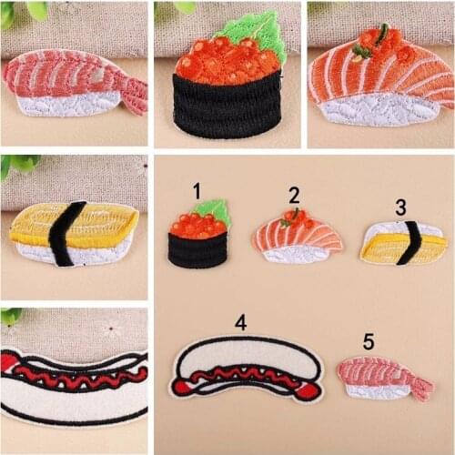 1PCS Wholesale Hot dog Sushi Small octopus Embroidery Honey peach Fruits Patches for Clothing Iron Kids Clothes Appliques Badge