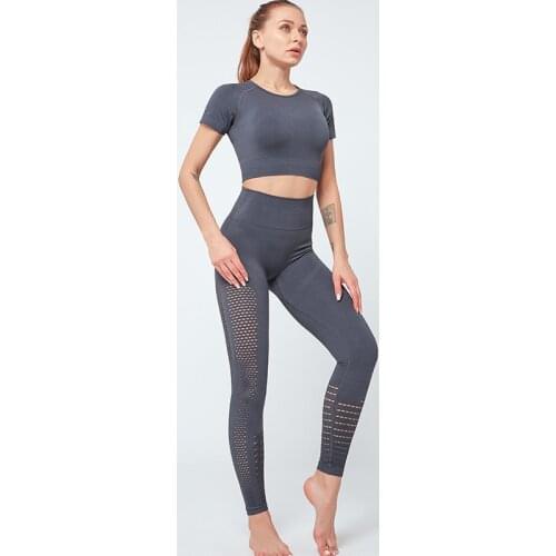 Mesh Breathable 2 Piece Set Women Short Gym Top+High Waist Sport Leggings Solid Yoga Set Sport Set Women Ropa Deportiva Mujer