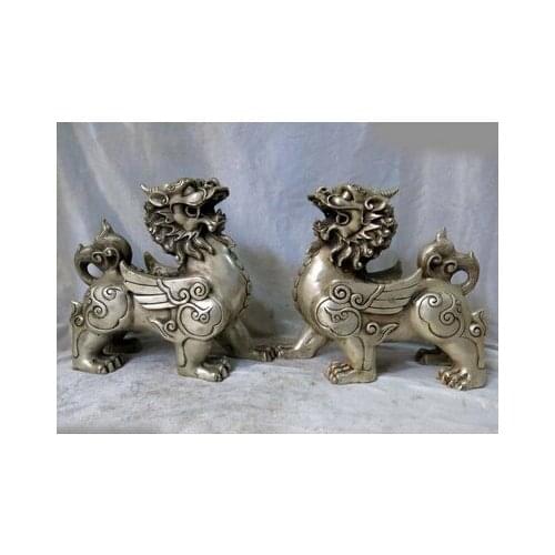 9 " China Silver tallado lucky perros leones unicorn par estatua escultura copper decoration bronze factory Pure Brass