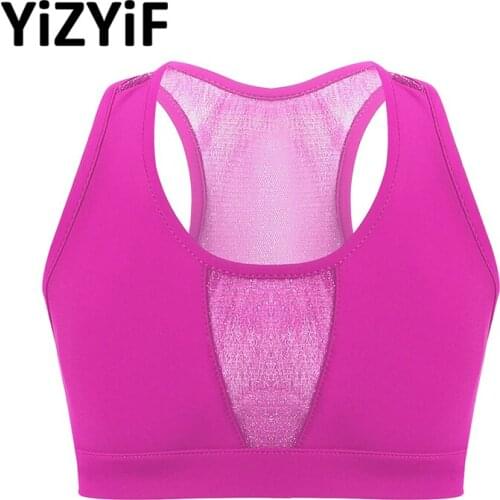 Kids Girls Sports Vest Running Fitness Workout Tanks Tops Solid Color Stretchy Mesh Splice Crop Top Dance Exercise Activewear